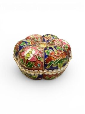 Vintage Cloisonné Enamel Trinket Box Floral Blue Jewelry Box Asian Decor